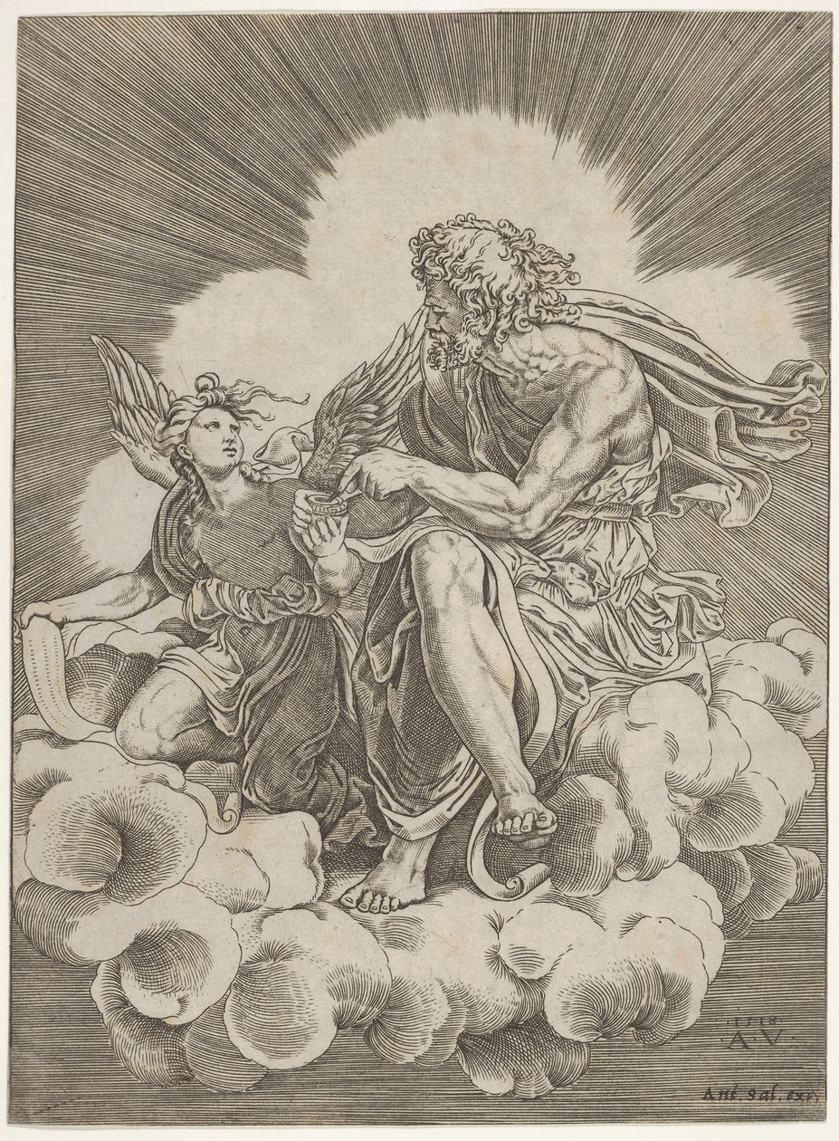 St. Matteus, sittende på en sky og dyppe en fjærpenn i et blekkhus holdt av en engel..., ca. 1518-20. av Agostino Veneziano