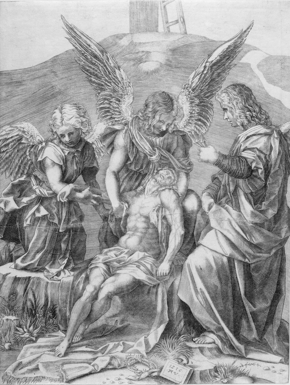 Trupul lui Hristos sprijinit de trei îngeri, 1516. norvegiană av Agostino Veneziano