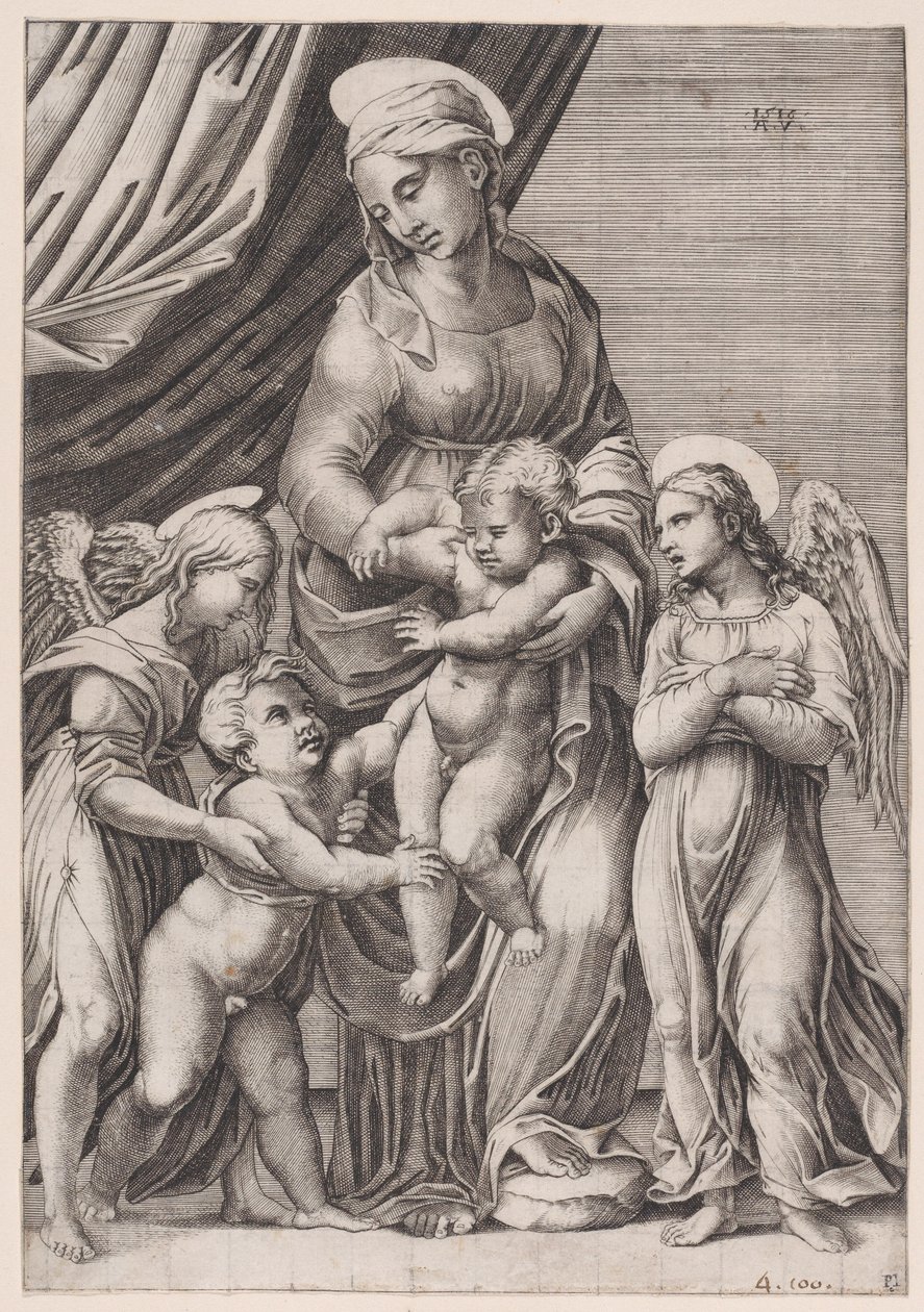 Jomfruen, spedbarnet Kristus, spedbarnet Saint John og to engler, datert 1516. av Agostino Veneziano