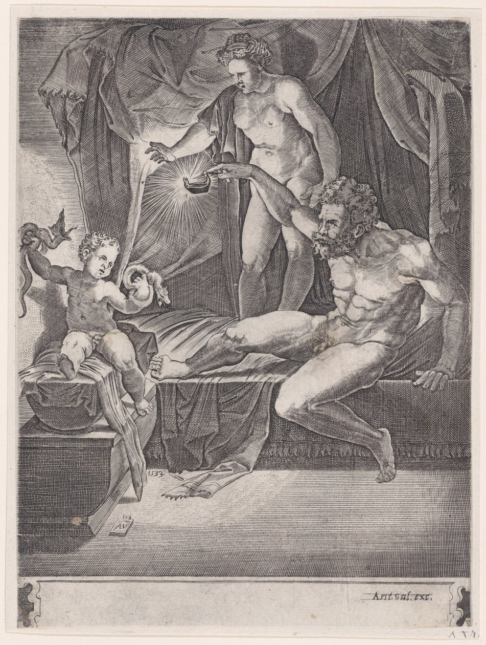 The Young Hercules in His Cradle, datert 1533. av Agostino Veneziano