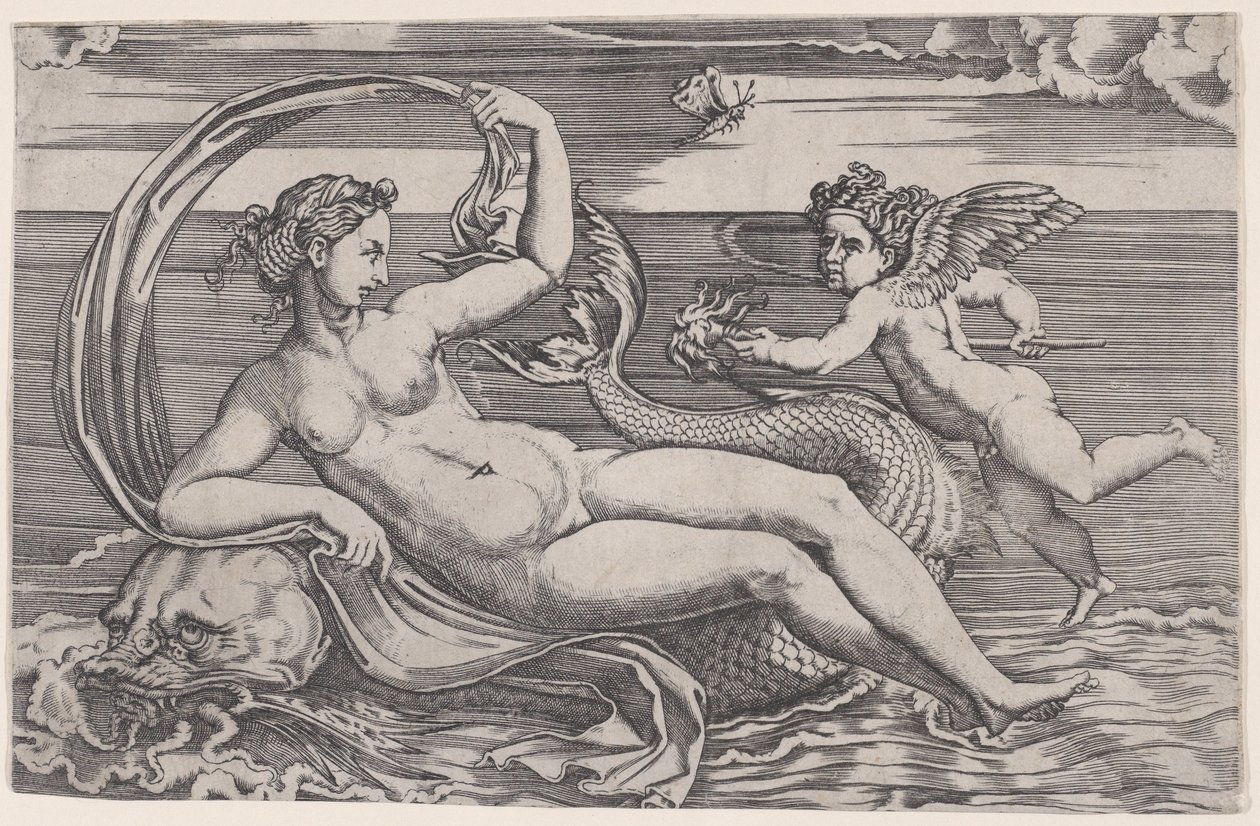 Venus liggende på en delfin, ca. 1516. av Agostino Veneziano