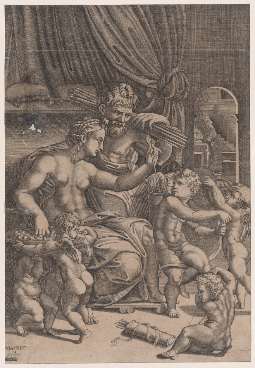 Venus og Vulcan omgitt av Cupids, datert 1530. av Agostino Veneziano
