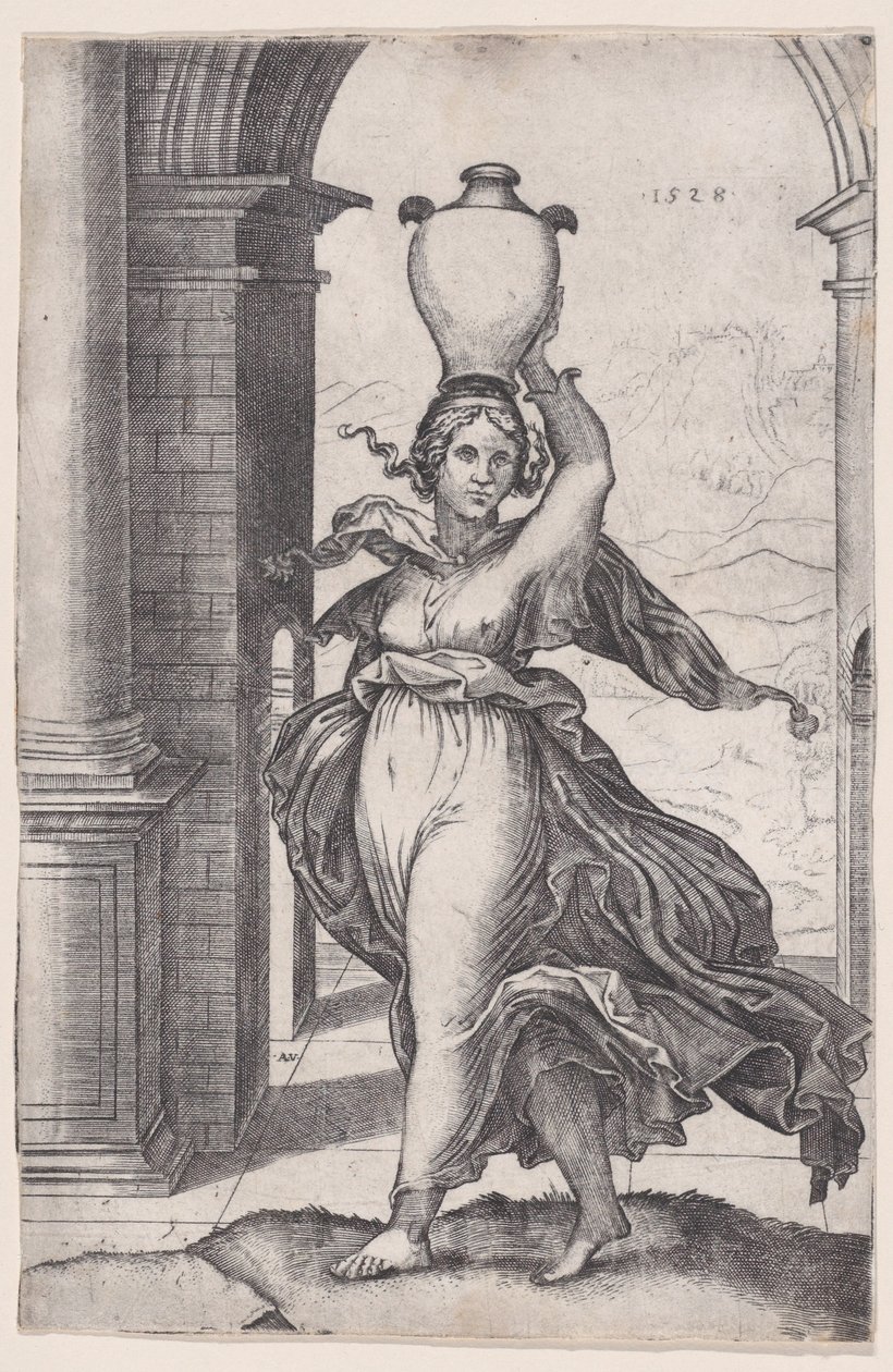 Kvinne som bærer en vase på hodet, datert 1528., datert 1528. av Agostino Veneziano