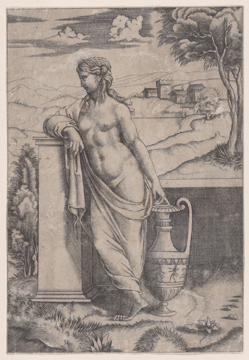 Kvinne som står nær en vase, ca. 1514-36. av Agostino Veneziano