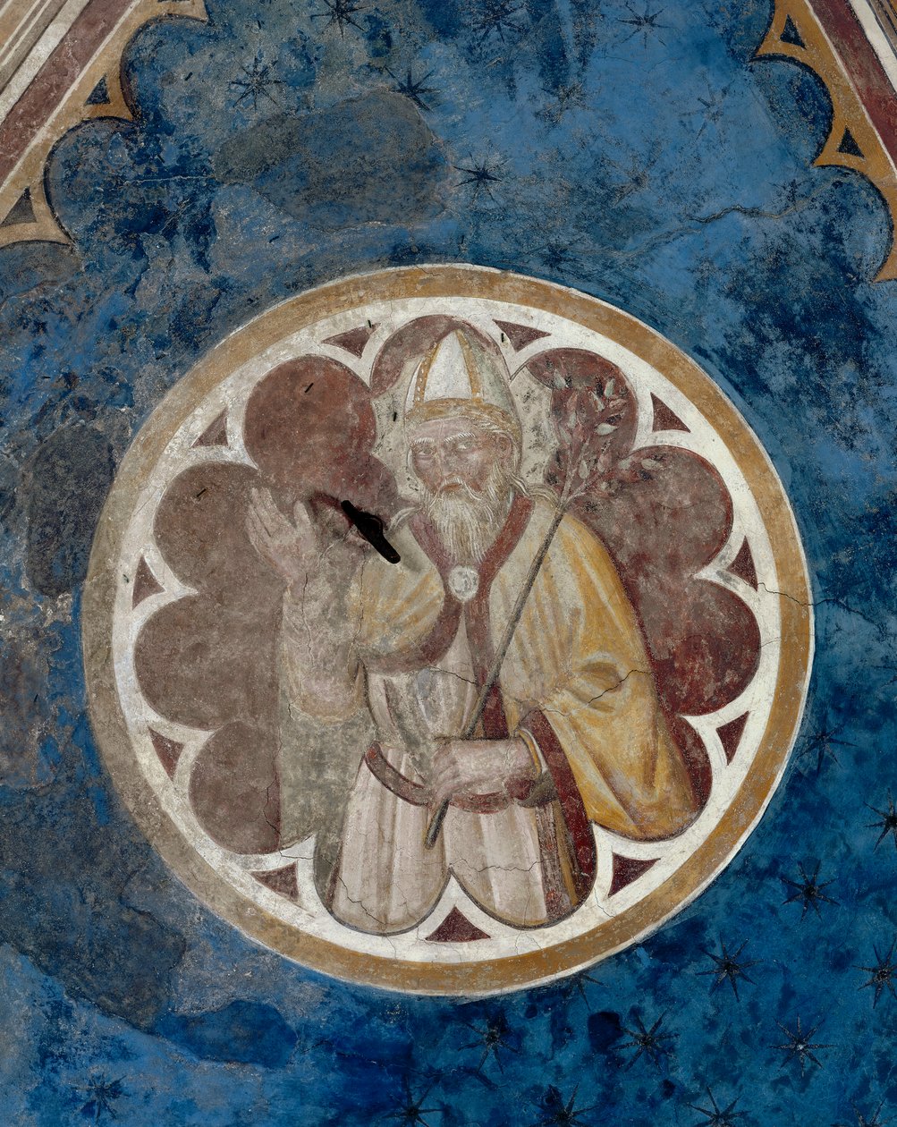 En biskopshelgen, detalj av det fjerde spennet i taket (fresco) av Agostino di Marsiglio