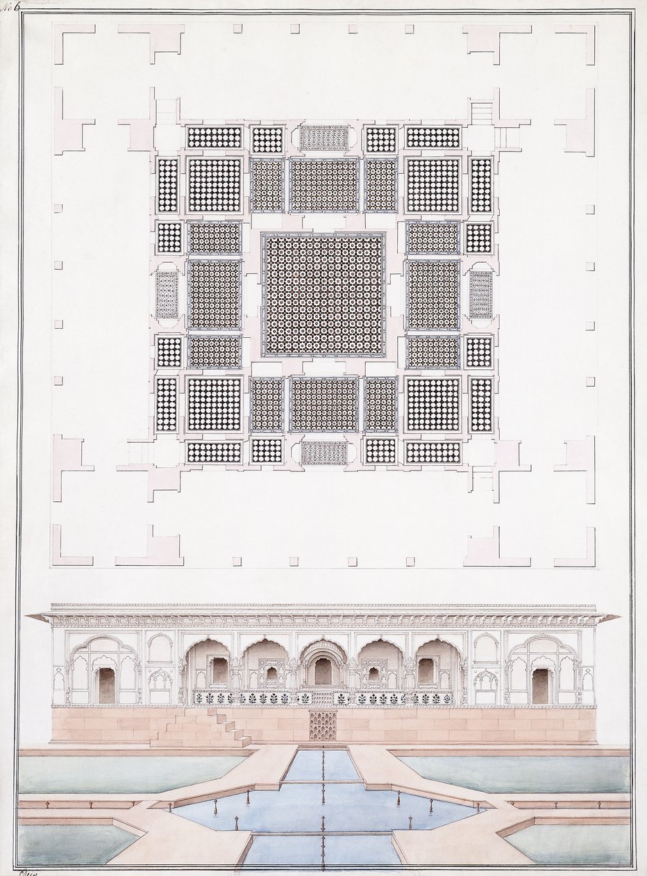 Forhøyning av sørfronten og hagepalasset til Suraj Bhawan ved Dig, ca. 1830 (blyant, penn og grått blekk og akvarell) av Agra School