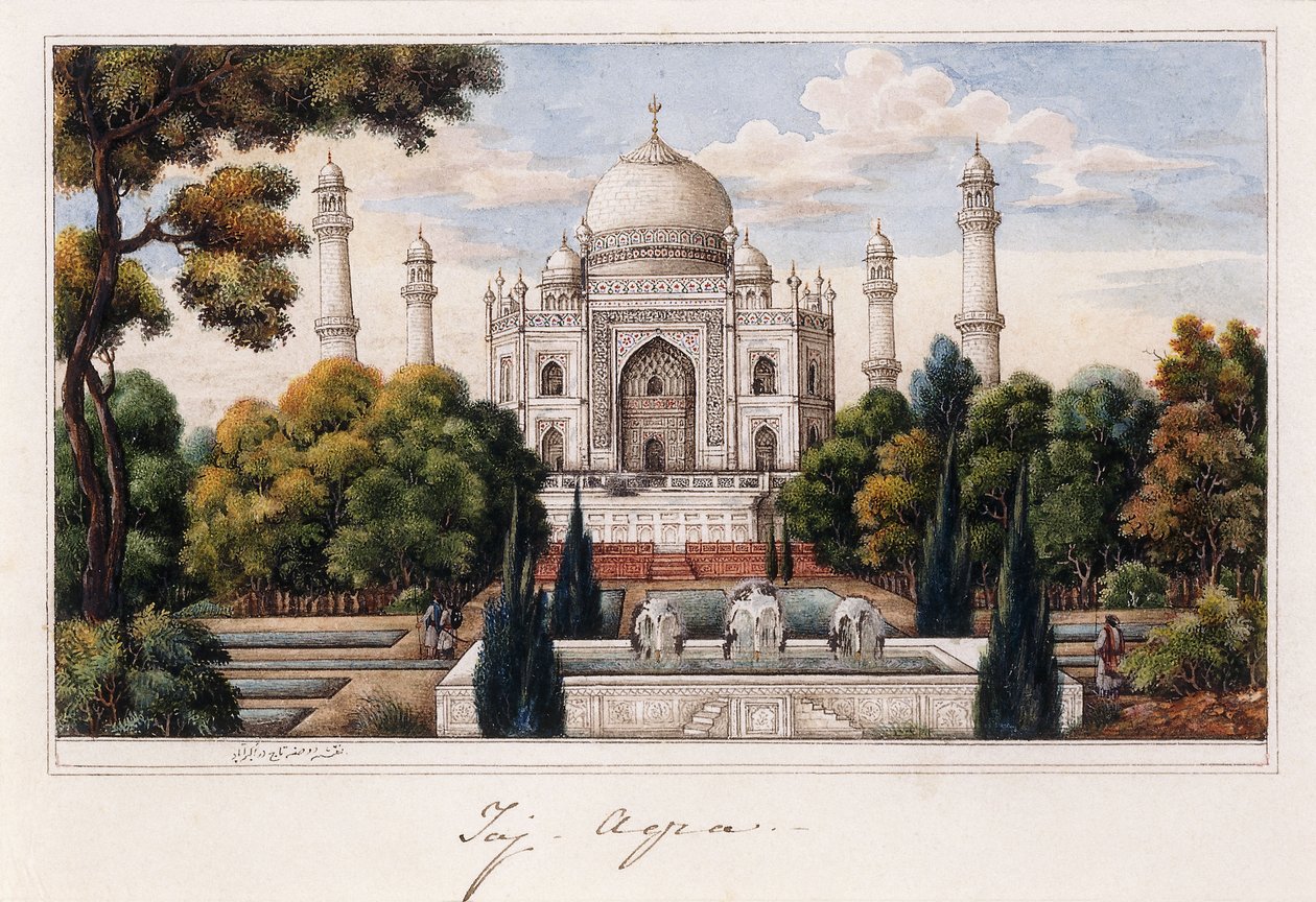 Taj Mahal fra hagen, ca. 1840 (penn og grått blekk, w/c, forsterket med innslag av hvitt,) av Agra School