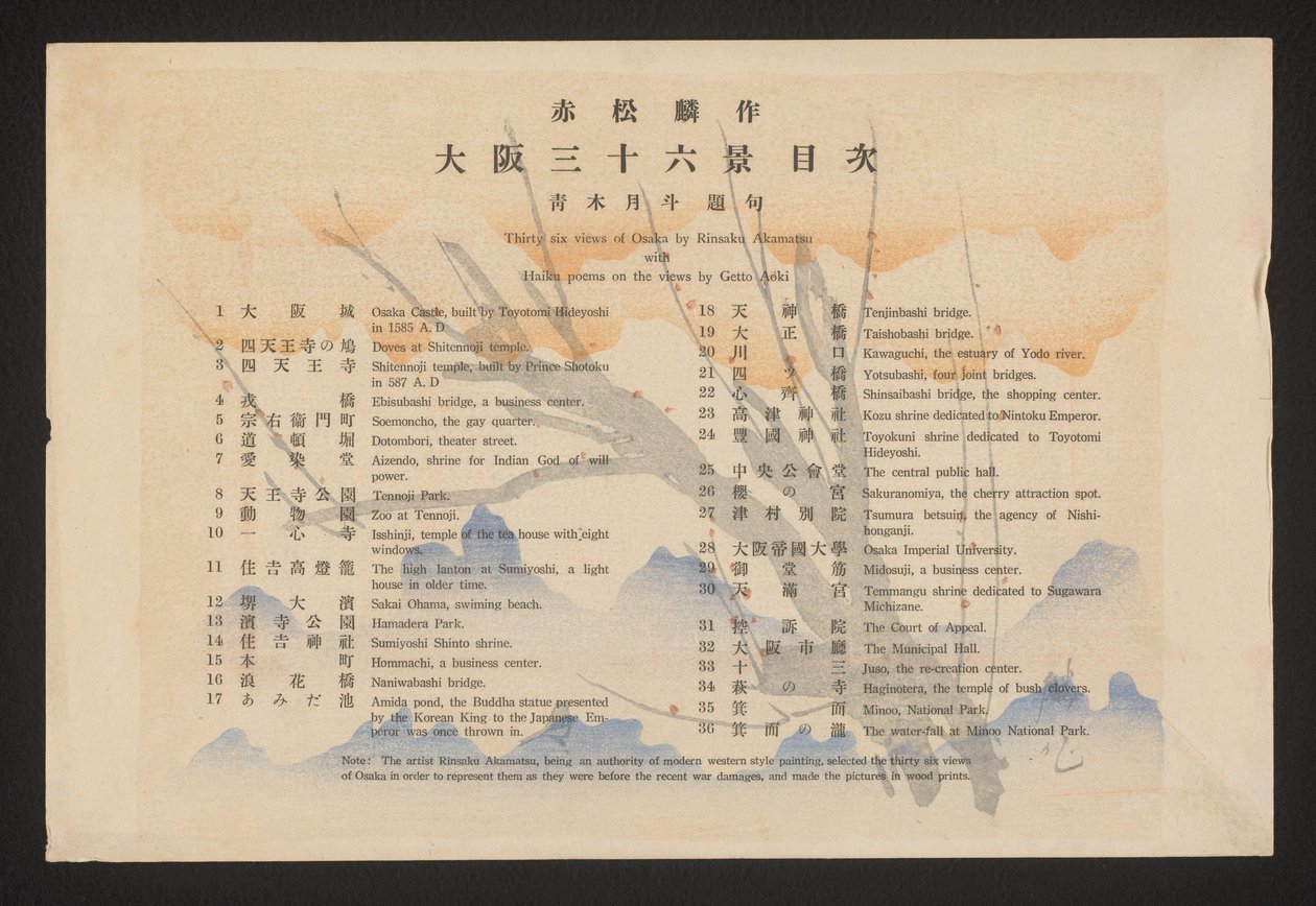 Indeks Trettiseks visninger av Osaka av Rinsaku Akamatsu med Haiku-dikt om visningene av Getto Aoki (tittel på objekt) Trettiseks ansikter av Osaka (serietittel) Ôsaka sanjûrokkei (serietittel på objekt) av Akamatsu Rinsaku