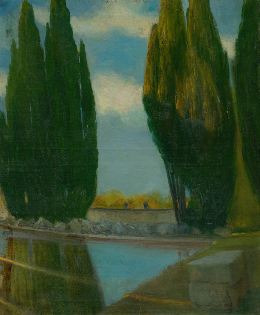 Landskap med innsjø, ca. 1890-98 (olje på lerret) av Akos Aranyossy