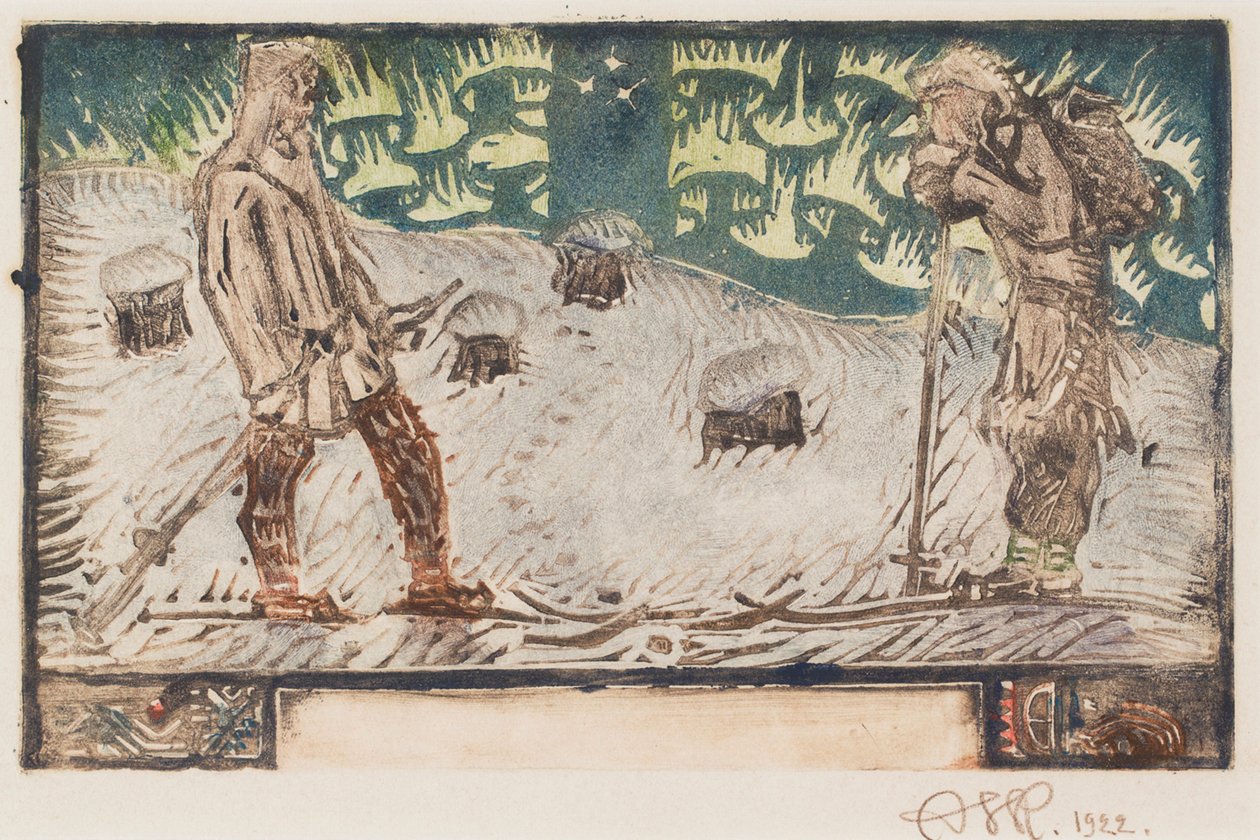 «To skiløpere», tittelillustrasjon til et dikt i «Den store Kalevala» av Akseli Gallen-Kallela