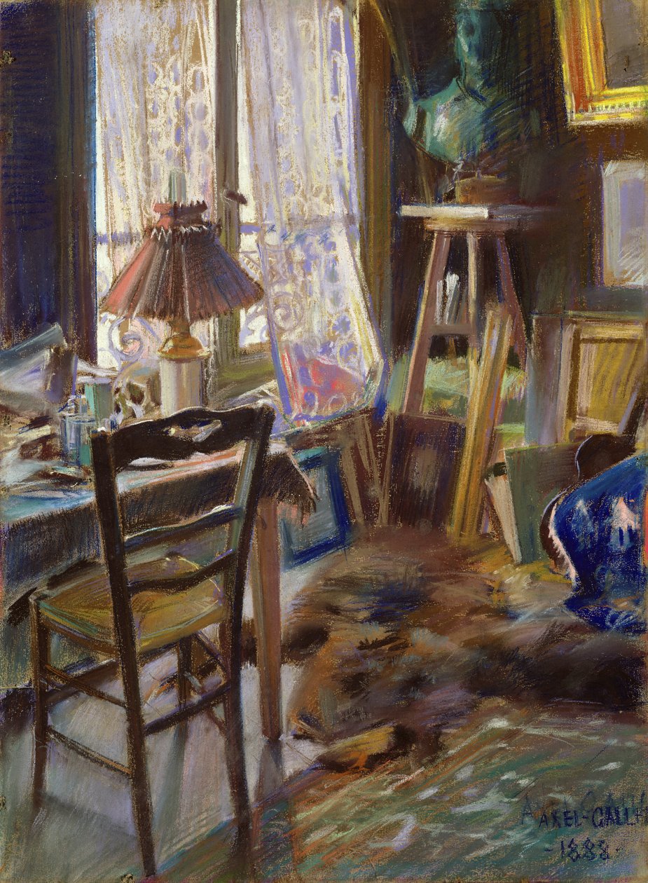 Studioet til Comte Deheaulme de Vallombreuse, 36 Rue Jouffrey, Paris 1888 (pastell) av Akseli Valdemar Gallen Kallela