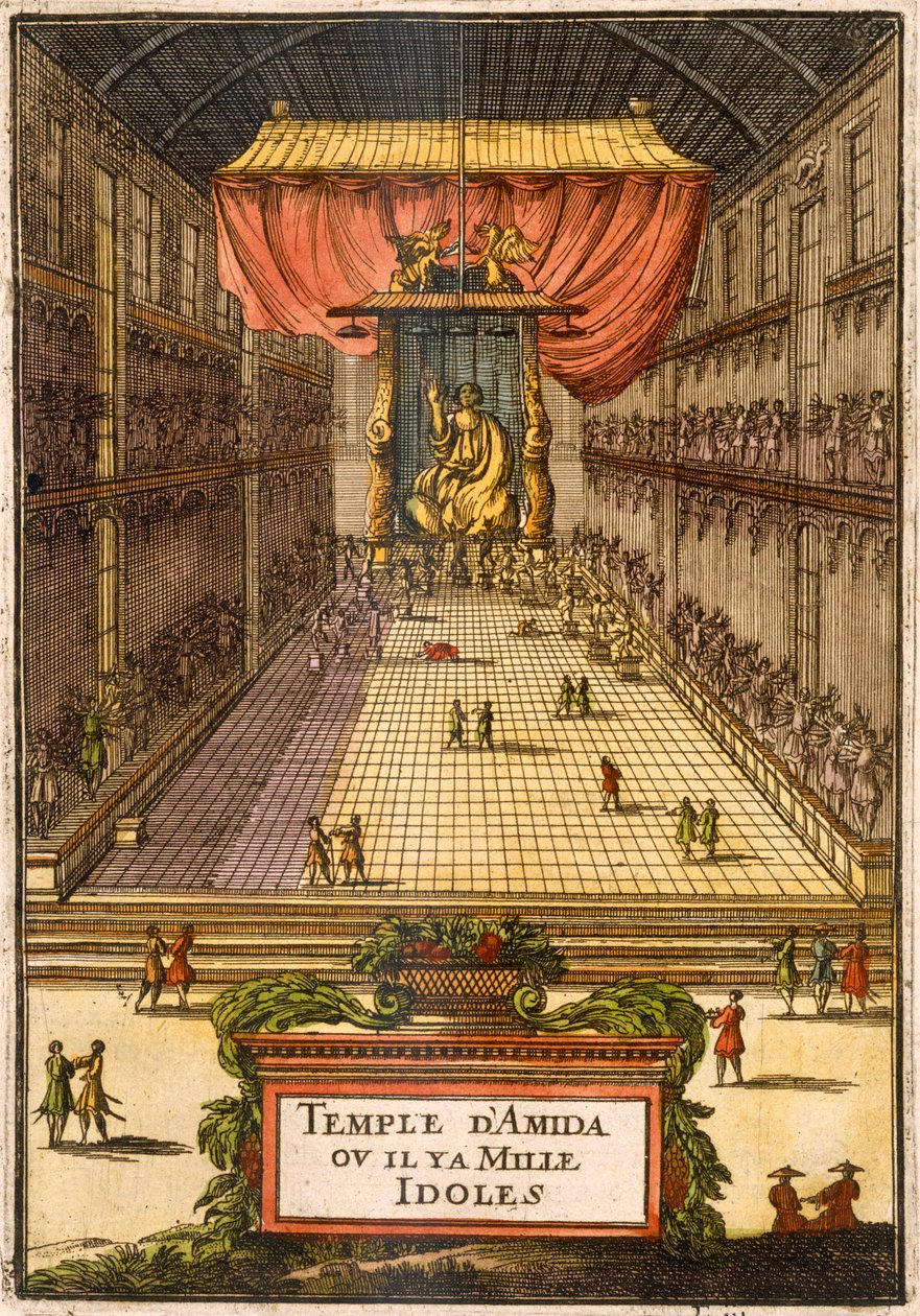 The Temple of Amida, fra 'Description de l'Univers', ca. 1683 (håndfarget gravering) av Alain Manesson Mallet