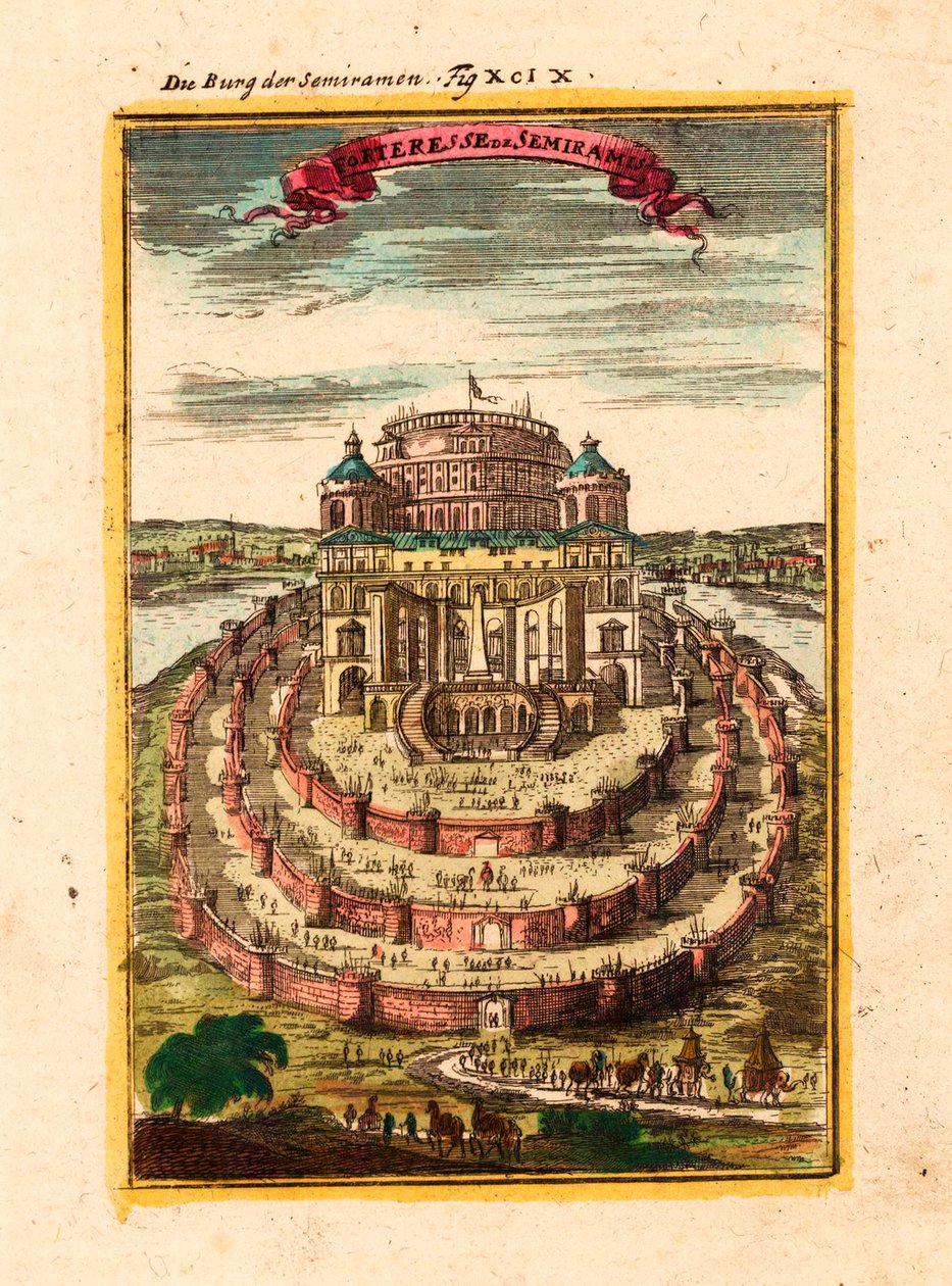 Festningen og de hengende hagene til den legendariske dronningen Semiramis i Babylon - Festningen Semiramis - Kobberstikk og akvarell av Alain Manesson Mallet (1630-1706) av Alain Manesson Mallet