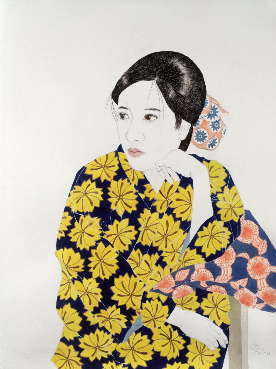 Yellow Kimono, 1996 (blekk, wc, gouache og kull på papir) av Alan Byrne