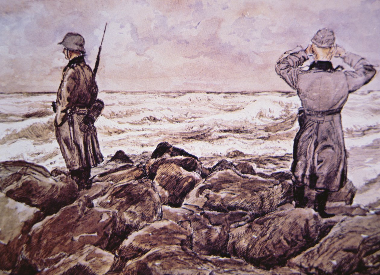 To tyskere på kysten av Frankrike ser mot England på tampen av felttoget i Normandie av Alban (after) Wolf