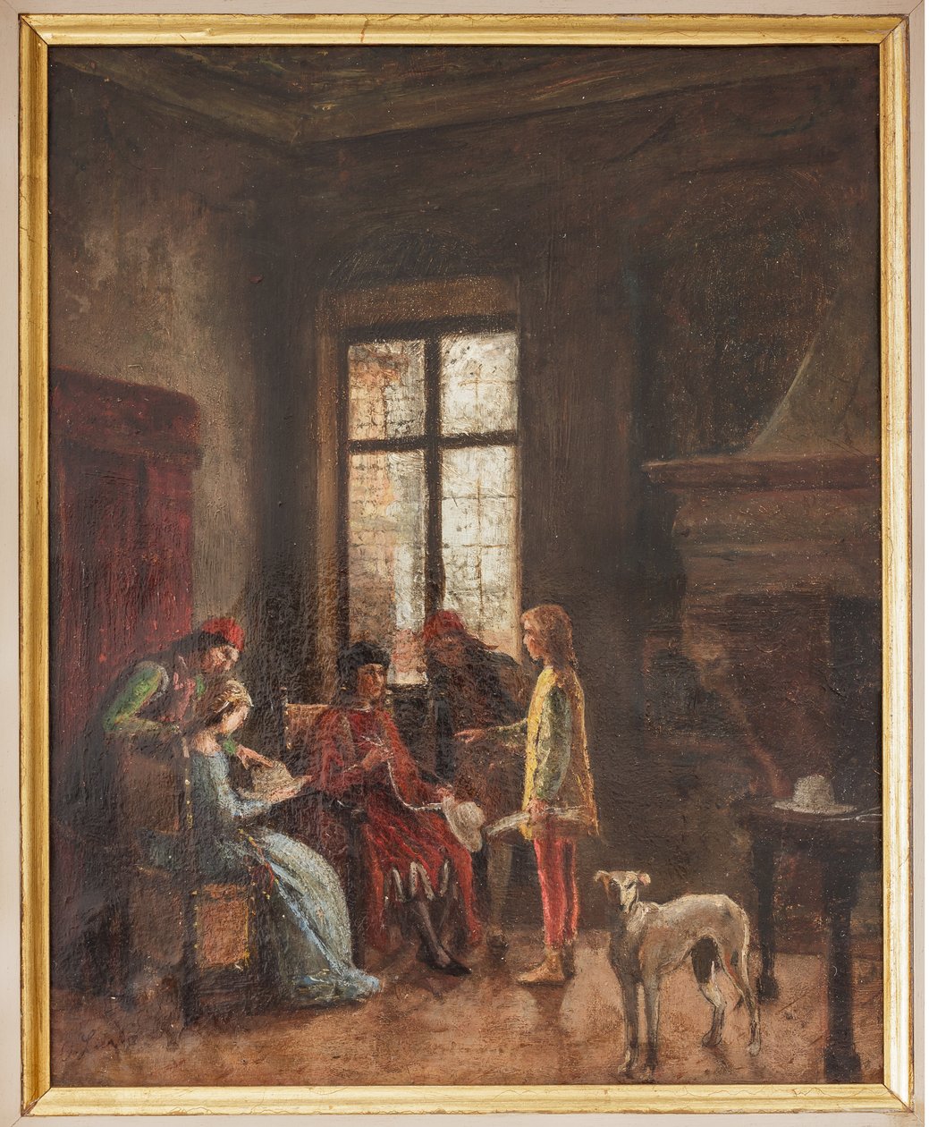 Nicolò Biondo viser sin samling av hatter til Alberto Pio (oljemaleri på sink) av Albano Lugli