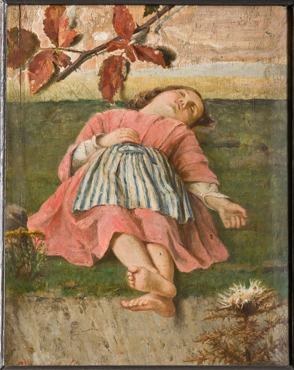 Den sovende lille jenta (olje på papp) av Albano Lugli Carpi
