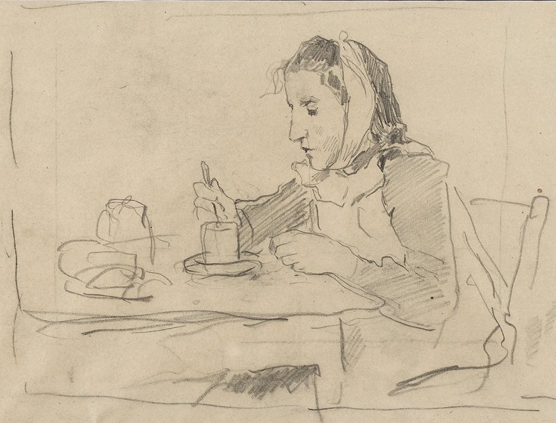Jente sitter ved bordet med en kopp av Albert Anker