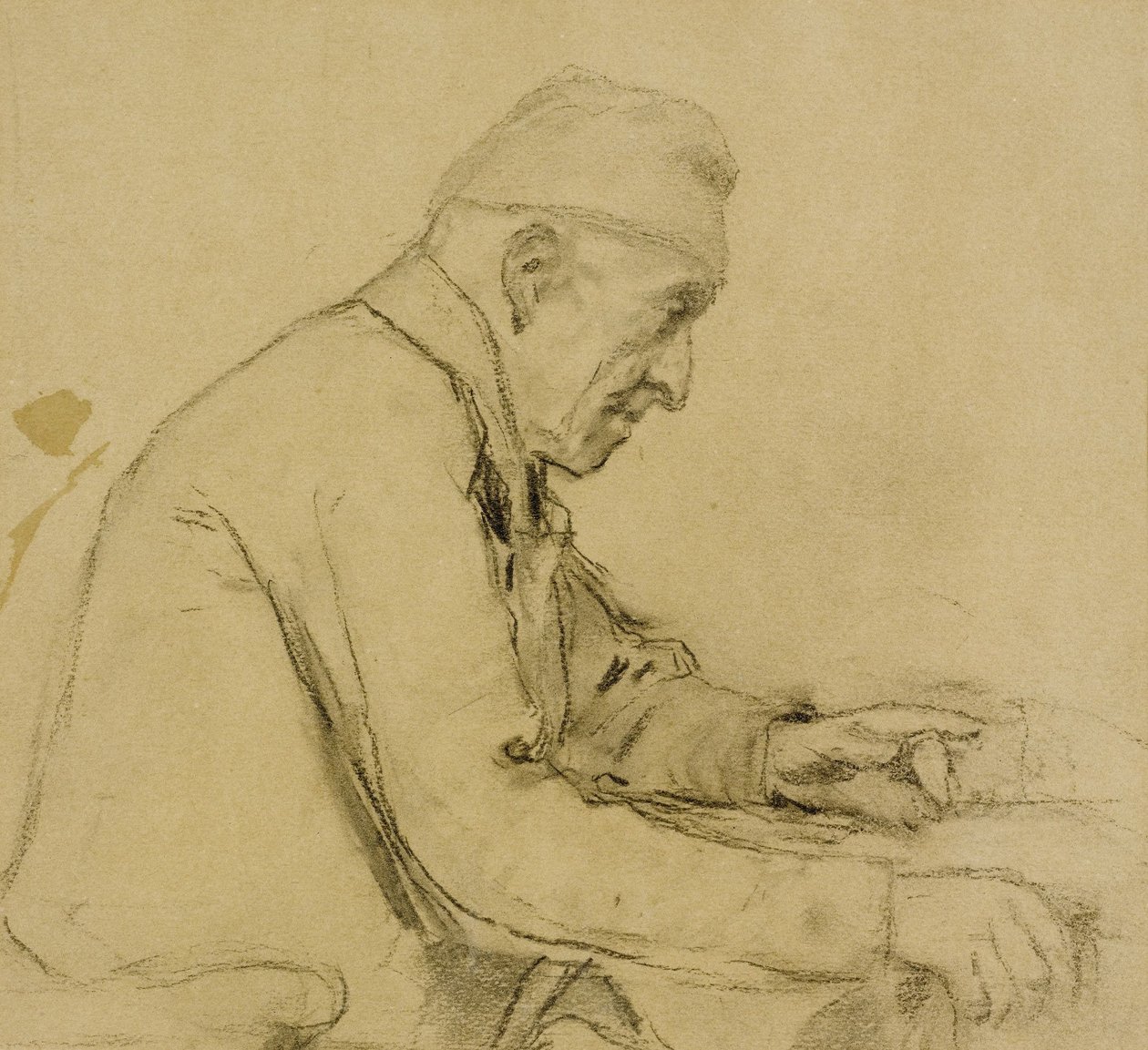 Gammel sittende mann i profil av Albert Anker