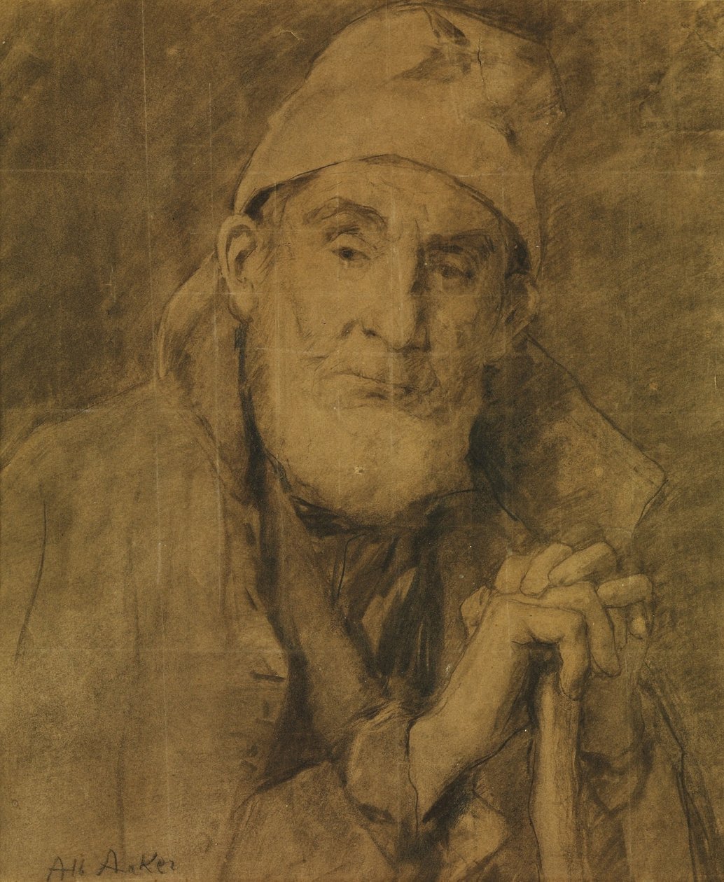 Gamle Feissli med pinne og hette av Albert Anker