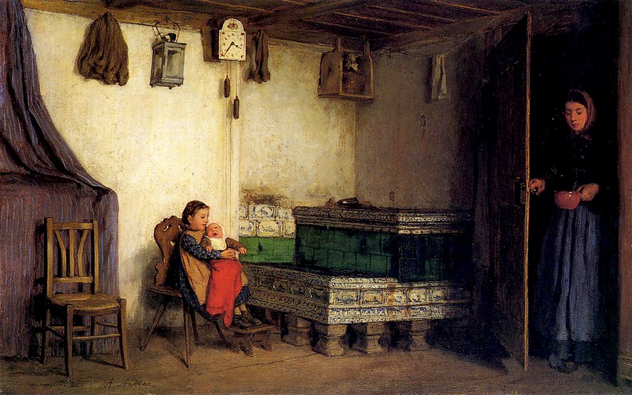 Interiør i en hytte, ca. 1870-77 av Albert Anker