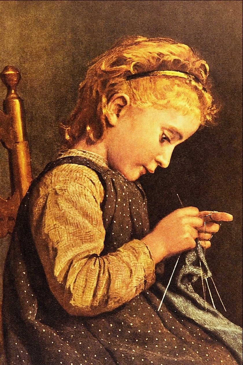 Liten jente som strikker av Albert Anker