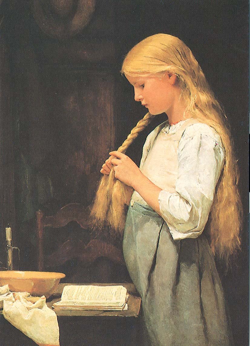 Jente som fletter håret av Albert Anker