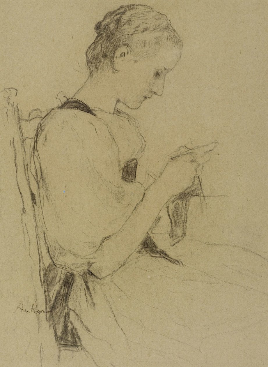 Sittende jente mens du strikker av Albert Anker