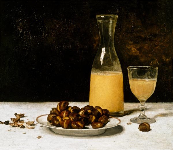 Stilleben med vin og kastanjer av Albert Anker