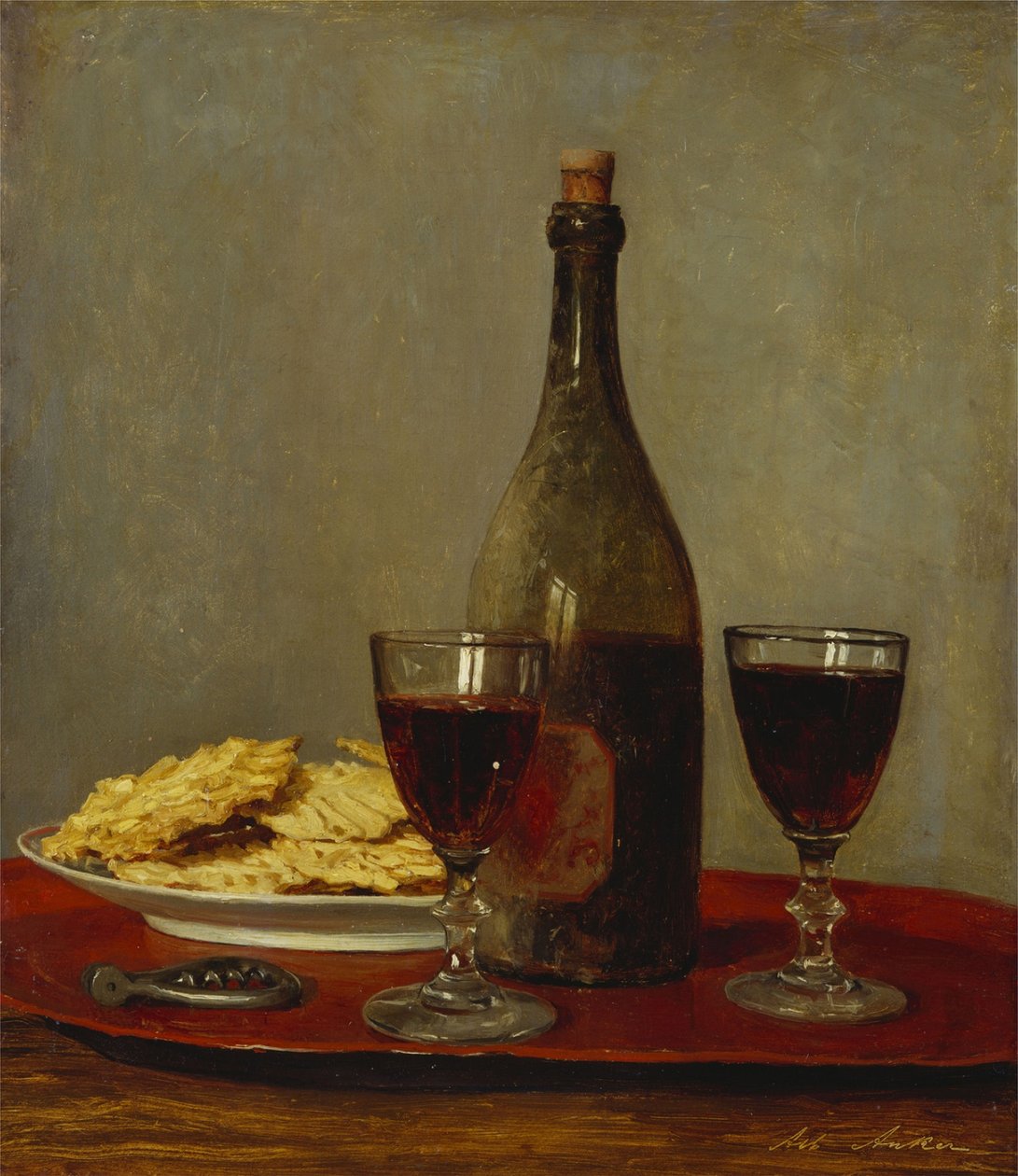 Stilleben med to rødvinsglass av Albert Anker