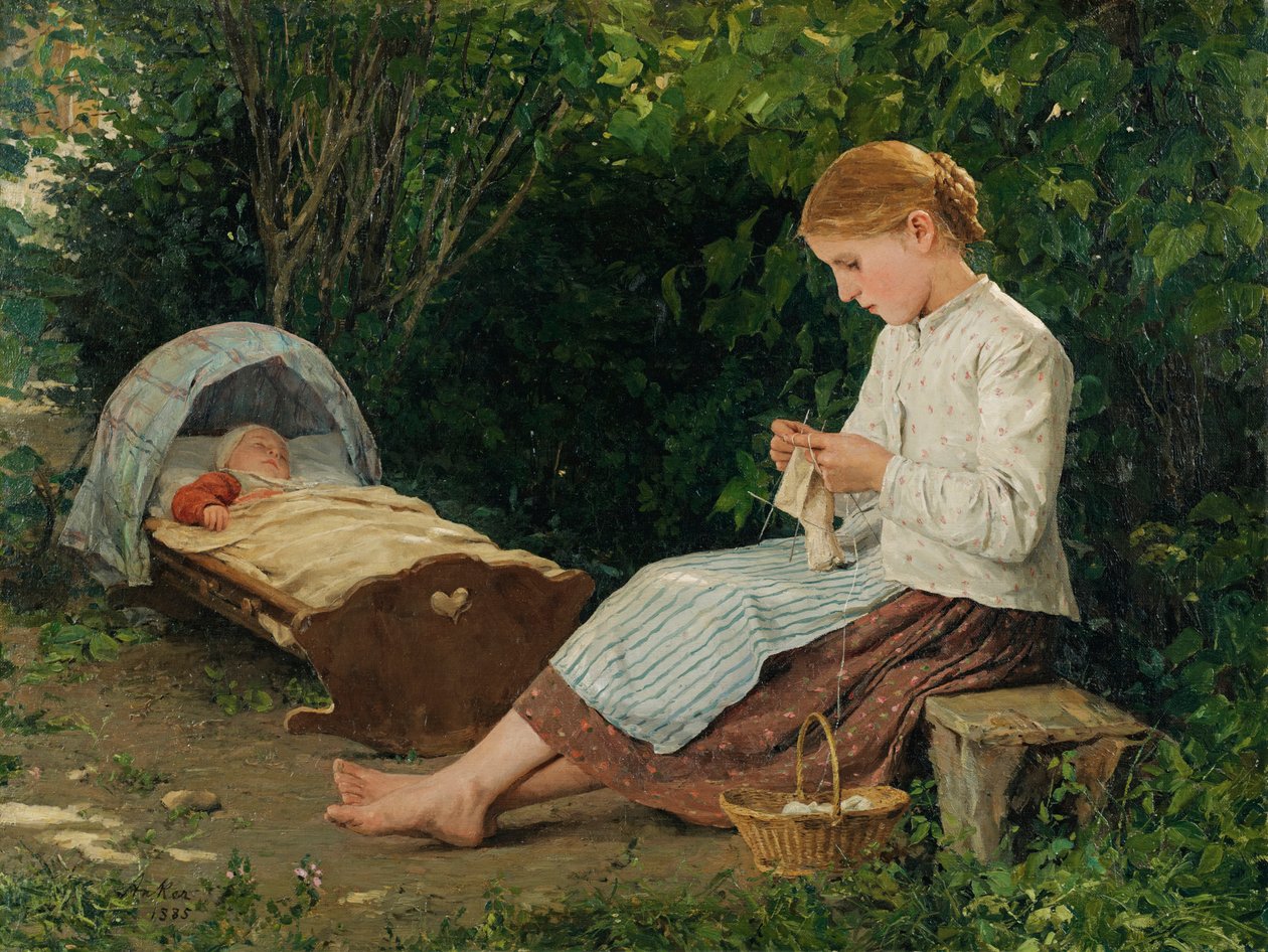Strikkepike, småbarn i vuggen av Albert Anker
