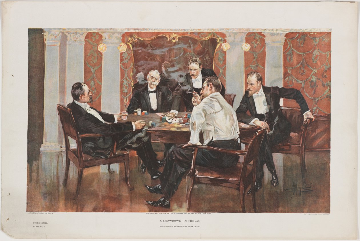A Showdown - In the 400. Blue-Bloods Playing for Blue Chips, plate 6 fra en pokerserie, pub. av Truth Company, New York, 1895 av Albert Beck Wenzell
