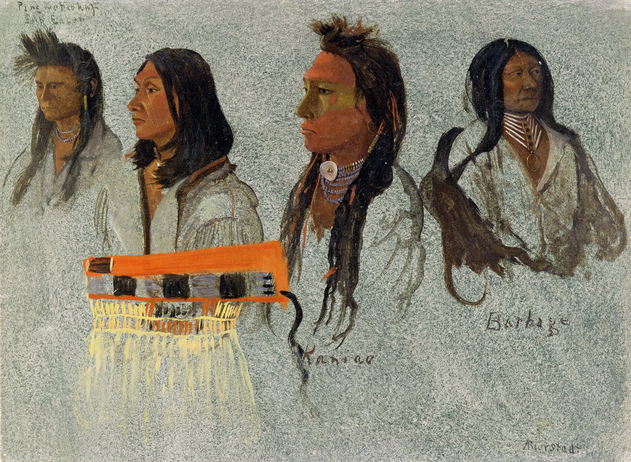 Fire indianere (olje på grått papir) av Albert Bierstadt