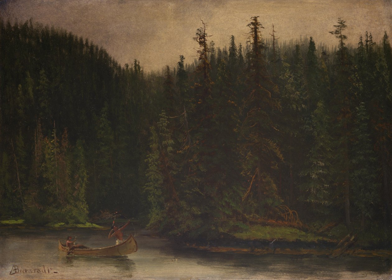 Indiske jegere i kano av Albert Bierstadt