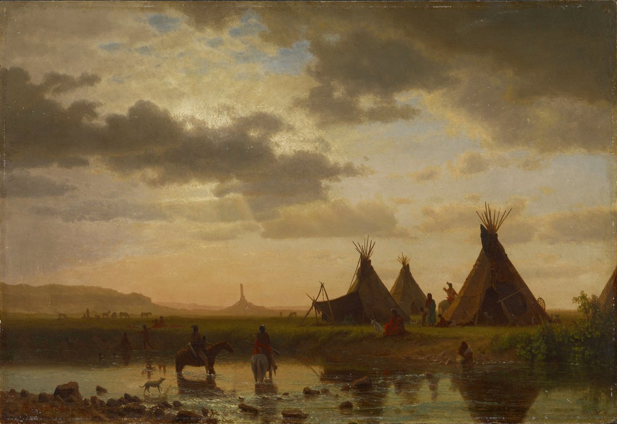 Utsikt over Chimney Rock, Ohalilah Sioux Village i forgrunnen av Albert Bierstadt