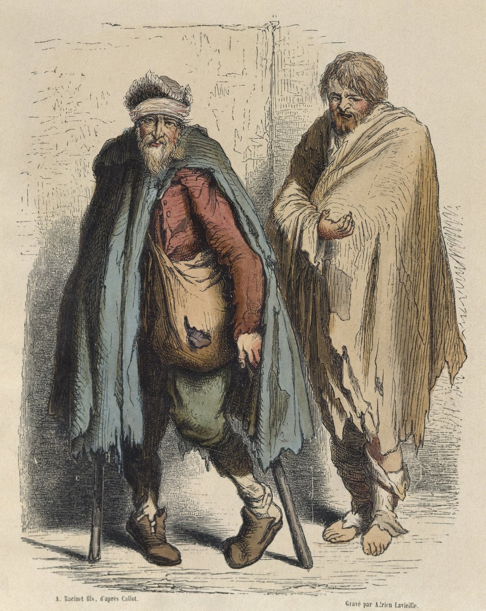 Tiggere, etter Jacques Callot (1592-1635) gravert av Adrien Lavieille (1818-62) (fargegravering) av Albert Charles August Racinet
