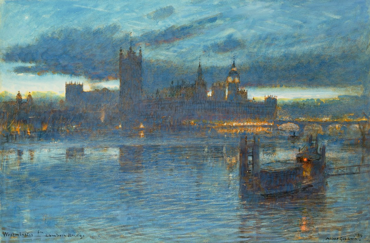 Westminster fra Lambeth Bridge, 1912 (penn og blekk med wc på papir) av Albert Goodwin