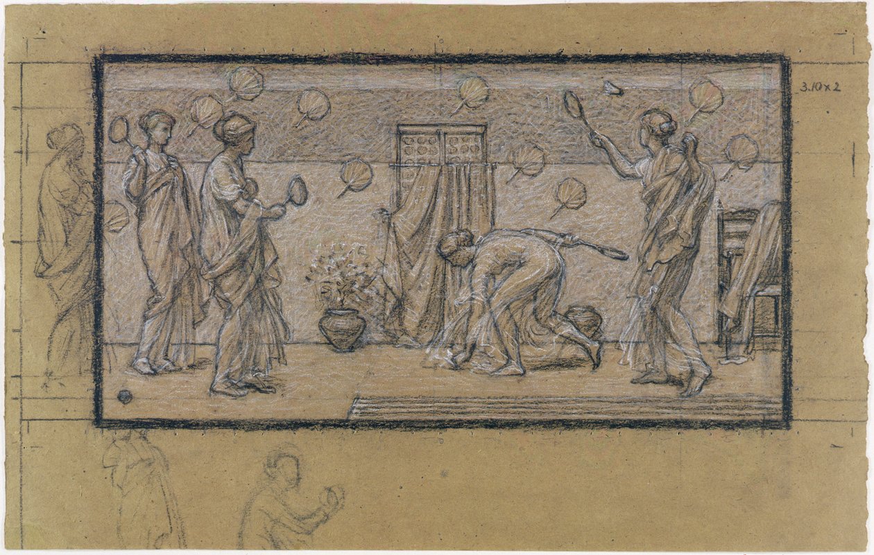 Studie for Battledore and Shuttlecock, ca. 1871 (kritt over grafitt på papir) av Albert Joseph Moore