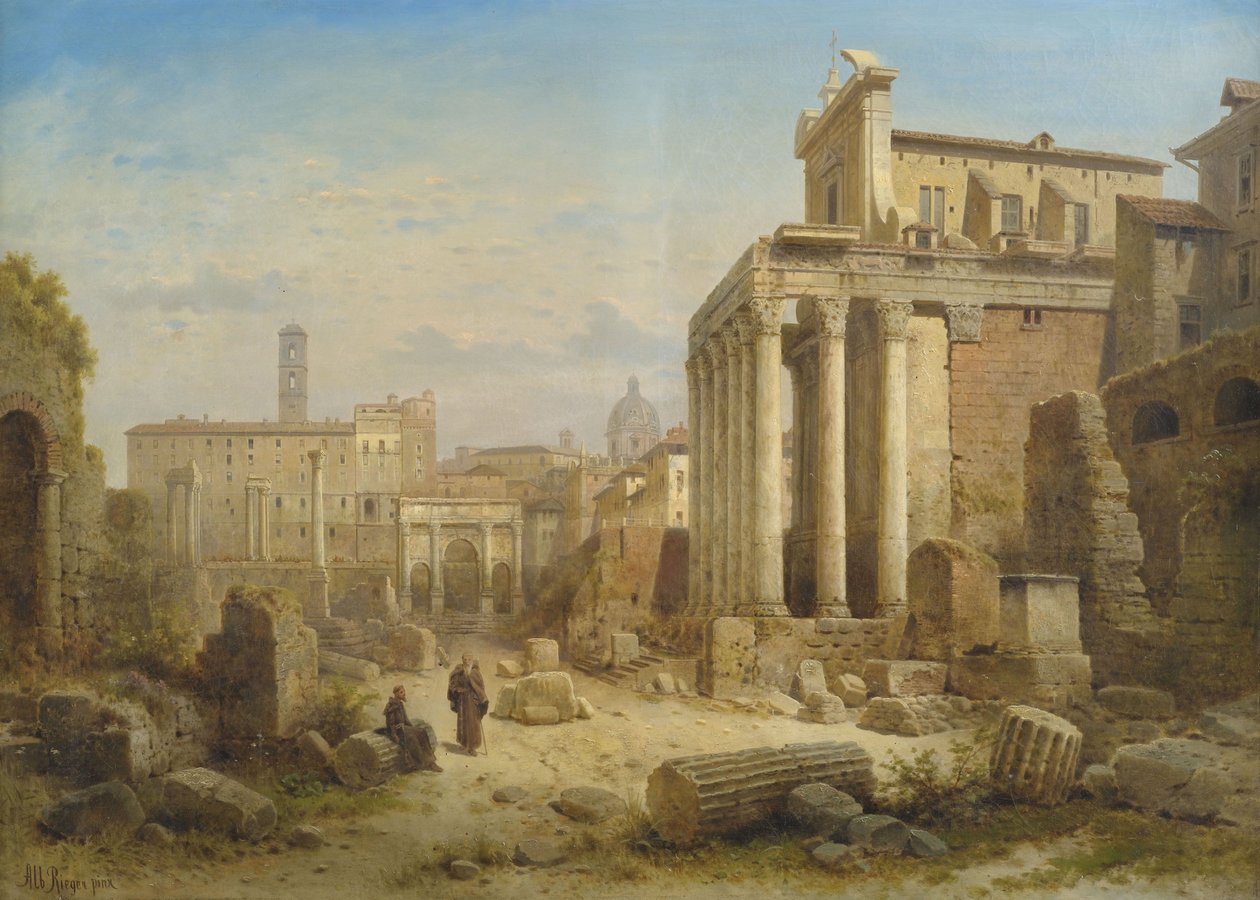 Utsikt over Forum Romanum med Arch of Septimius Severus og Temple of Faustina og Antonius Pius. av Albert Rieger
