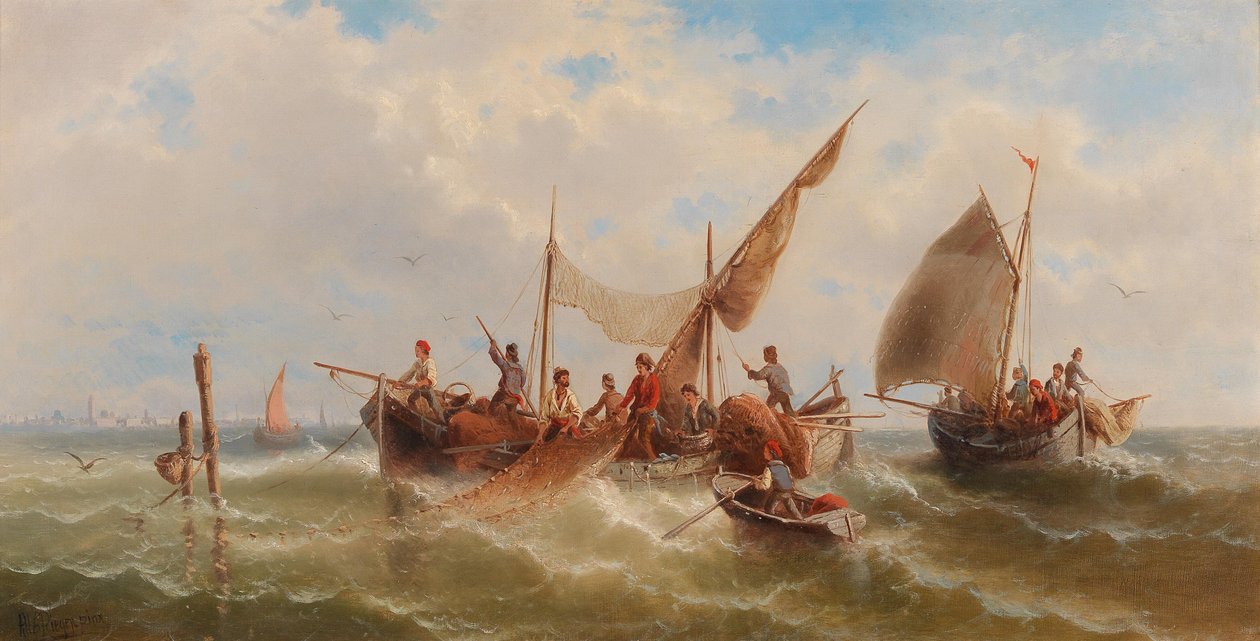 Fiskebåter mot en venetiansk silhuett av Albert Rieger