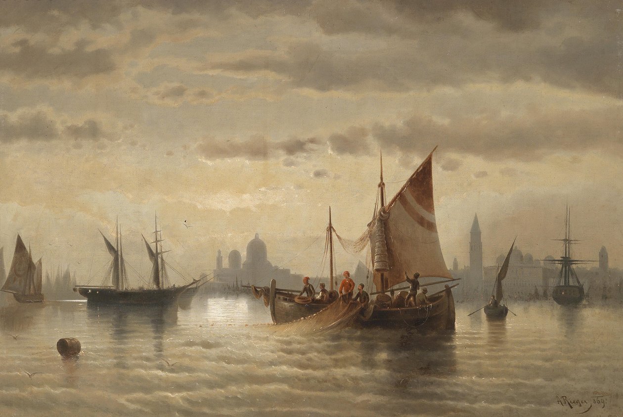 Seilskip foran Venezia av Albert Rieger