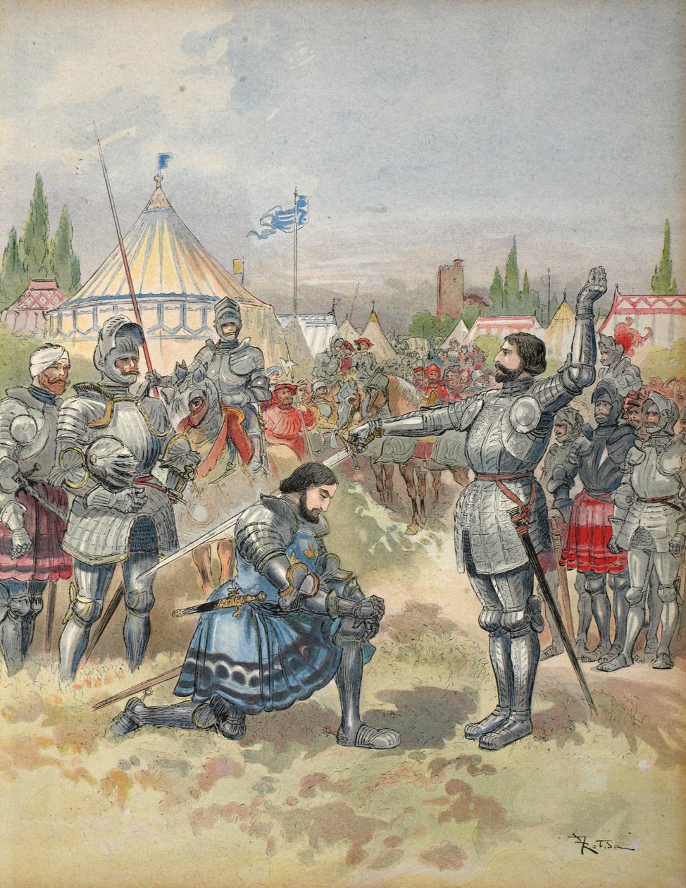 Bayard ridder Francis I, illustrasjon fra 'Francois Ier: Le Roi Chevalier, av George G. Toudouze, pub. 1909 av Albert Robida