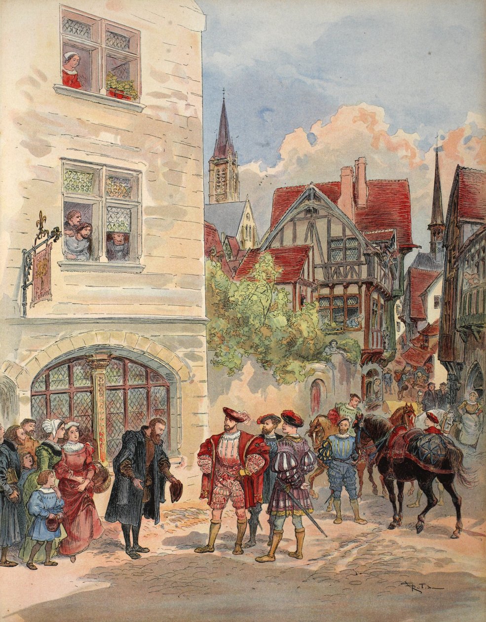 Francis I mottok av Estienne i døren til trykkeriet hans, illustrasjon fra 