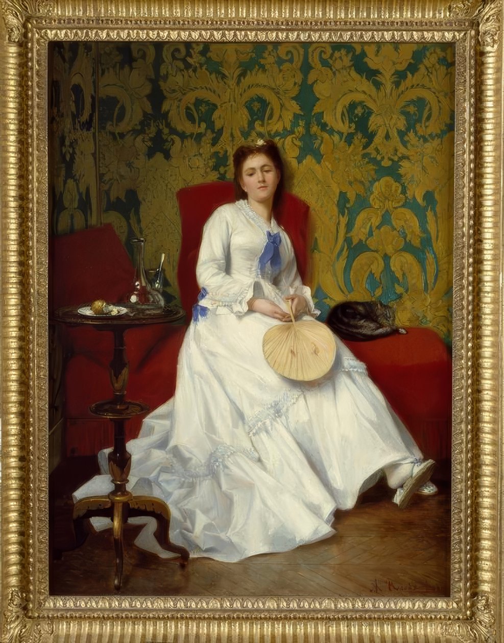 Albert Roosenboom, Dame i hvitt med vifte / maleri, 1800-tallet av Albert Roosenboom