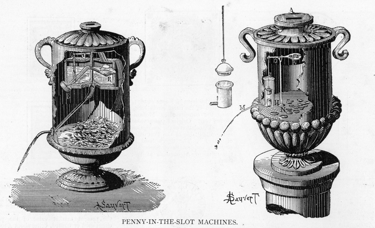 Gamle og moderne salgsautomater (penny-in-the-slot), 1893 av Albert Sauvert