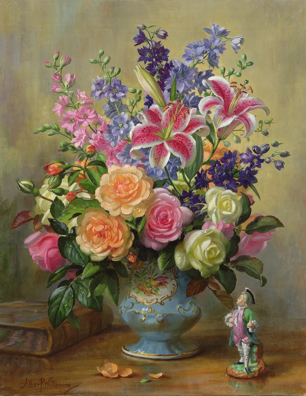 AB250 Stilleben av roser, liljer og delphiniums av Albert Williams