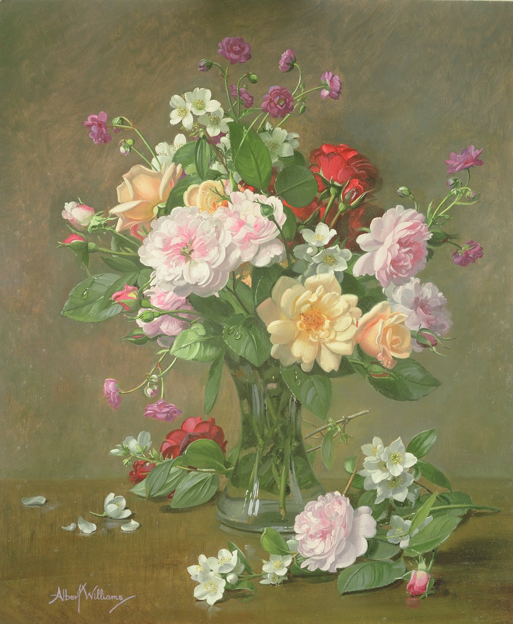 Roser og Gardenia i en glassvase av Albert Williams