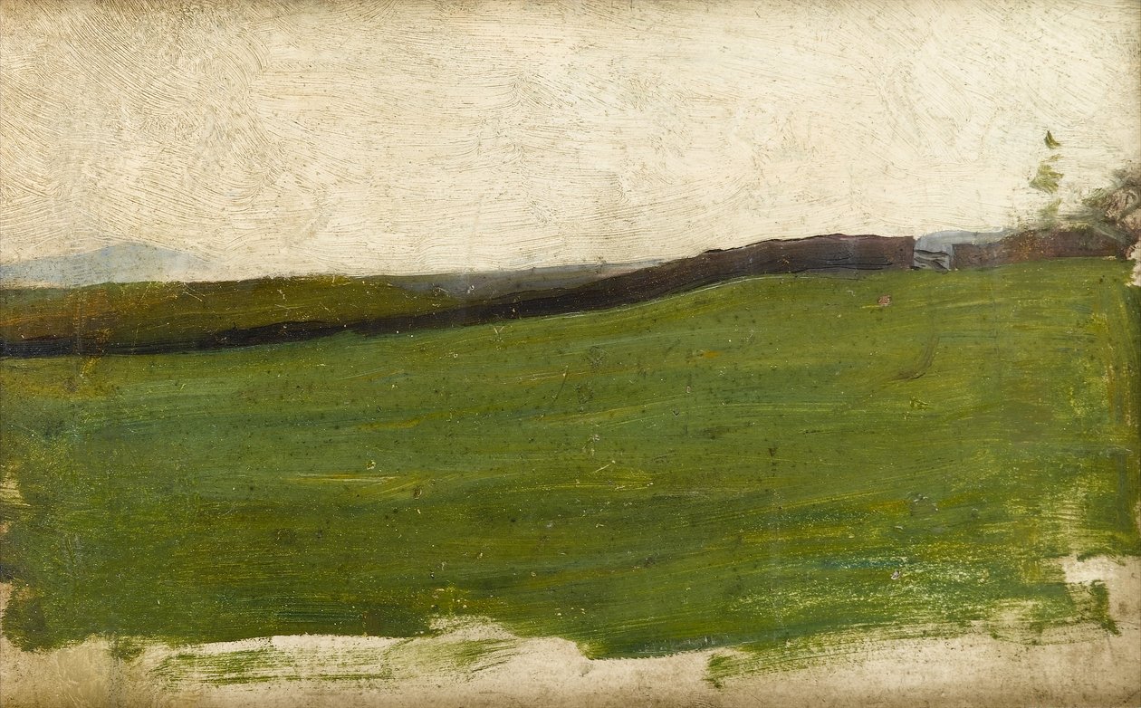 Landskap med grønn eng og inngjerdet vegg, ca. 1900 (olje på rathbone preparert kunstnerpanel) av Albert de Belleroche