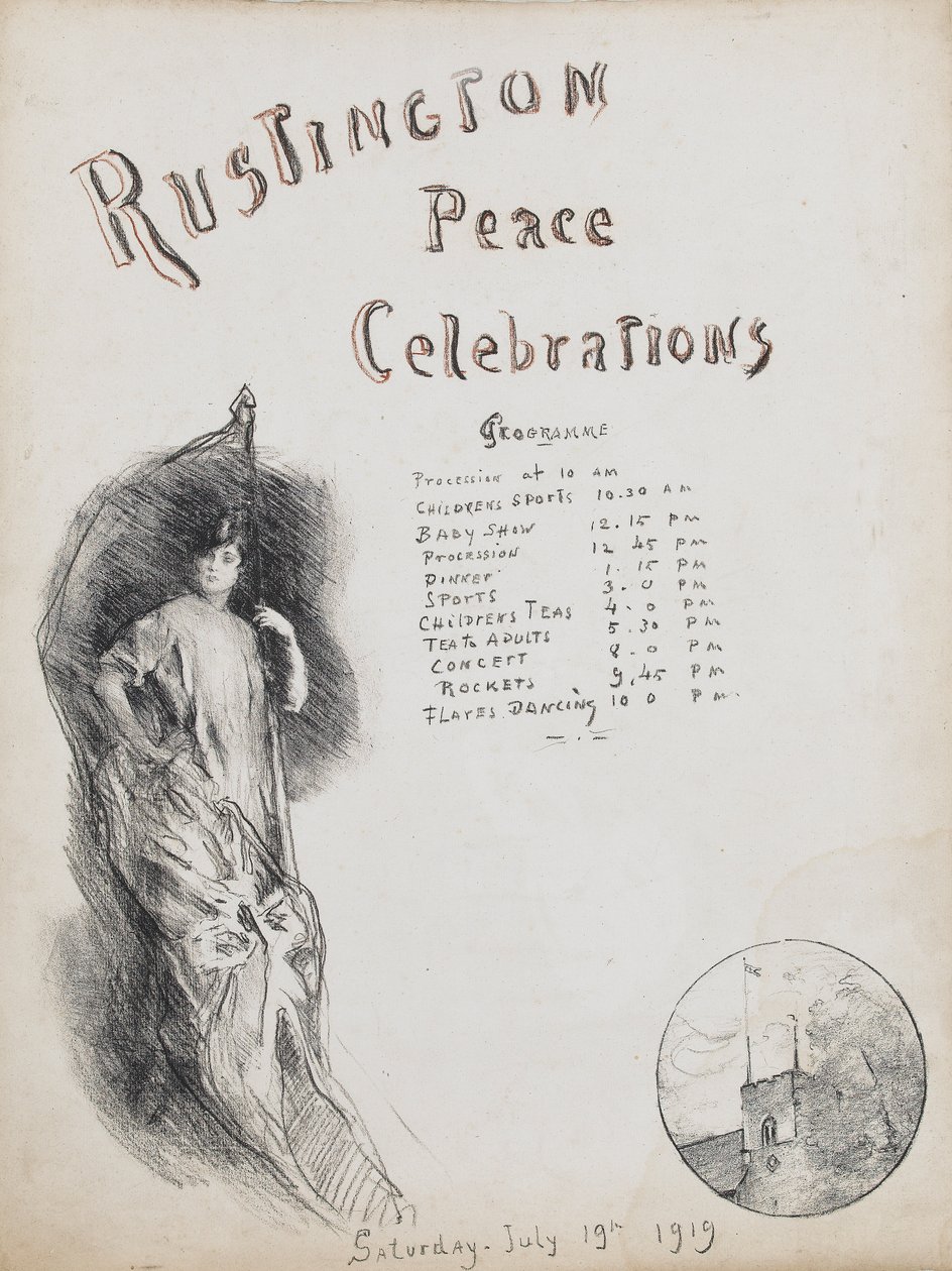 Peace Celebrations, Rustington, 1919 (litografisk fargestift med sangvinske høydepunkter) av Albert de Belleroche