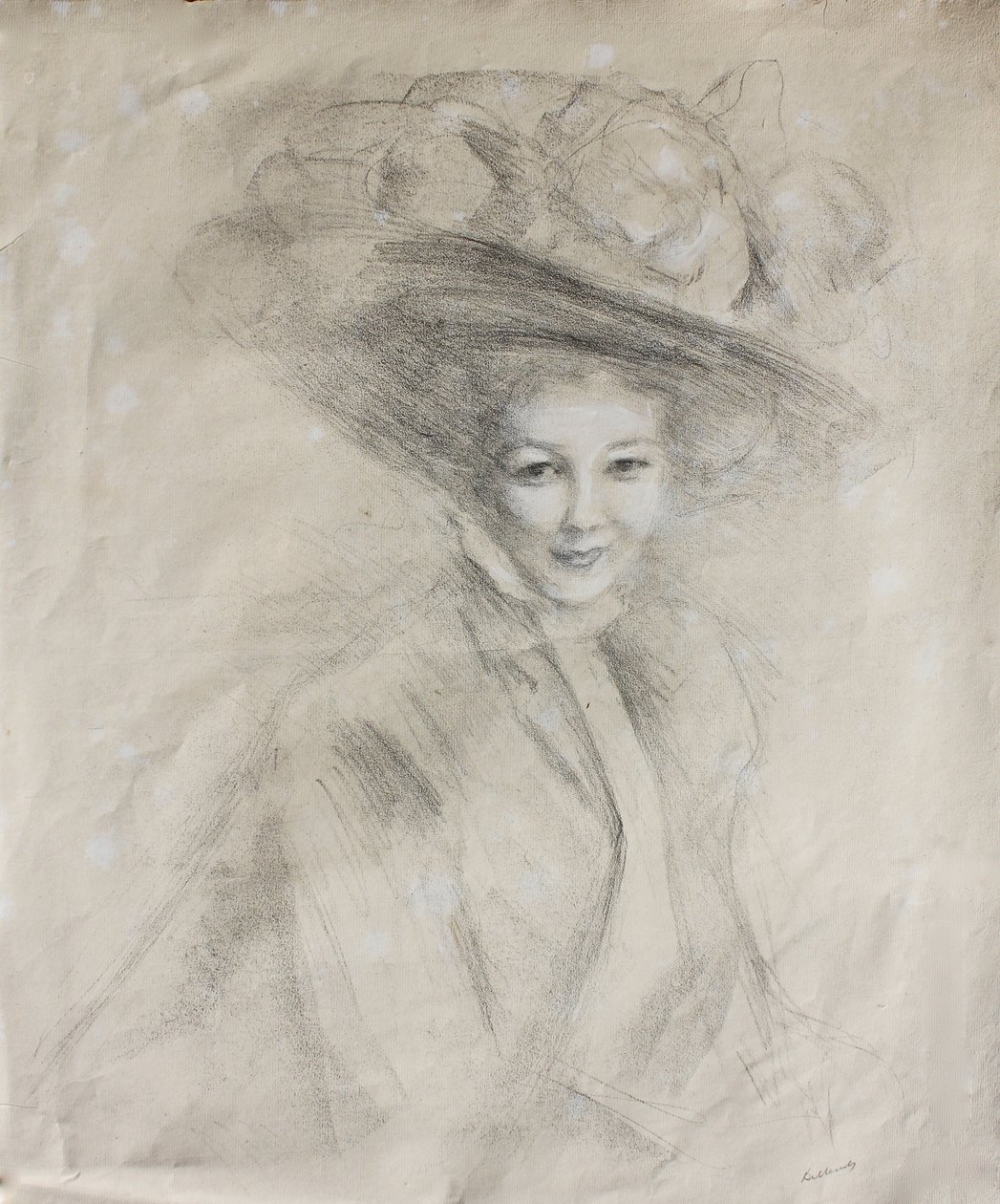 Portrett av en kvinne i en helbremmet hatt pyntet med muslin, ca. 1905 (svart kritt med hvite høydepunkter på papir) av Albert de Belleroche